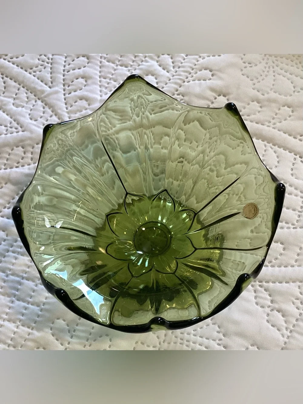 Vintage Westmoreland Olive Green Lotus Candy Dish Frosted Glass Pedestal Bowl